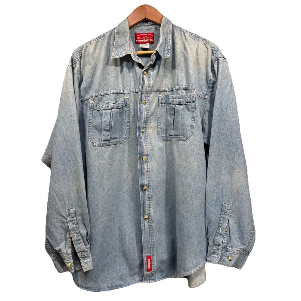 MARLBORO COUNTRY STORE Men's XL Blue Denim Button-Up Long Sleeve Collared Shirt